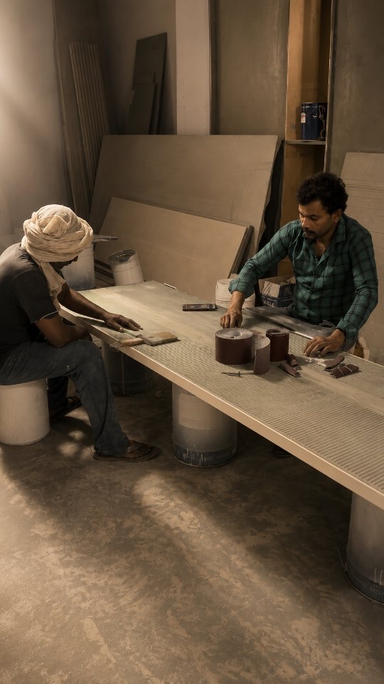 Sawhney craftsmen hand-finishing surfaces on site