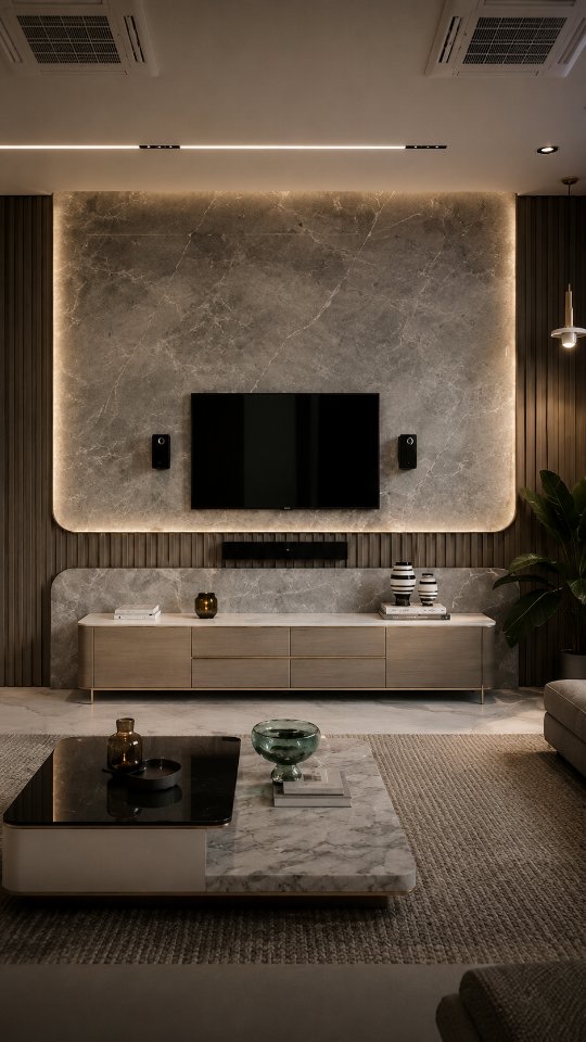 Finished living room in a Sawhney home with backlit marble wall