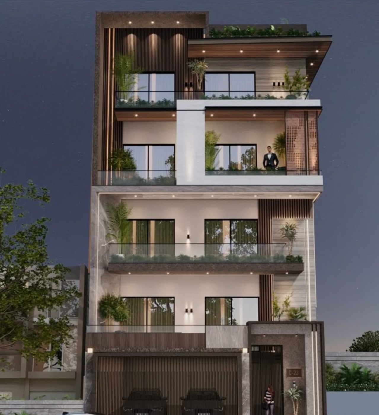 Sawhney Buildwell residence elevation at dusk